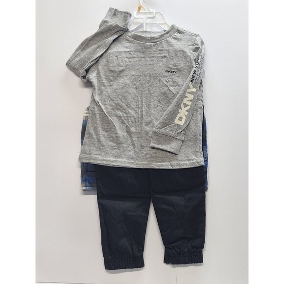 DKNY Size 3T Set Of 3, Plaid Blue Vest/ Black Pants/ Grey Long Sleeve Printed - Picture 2 of 9